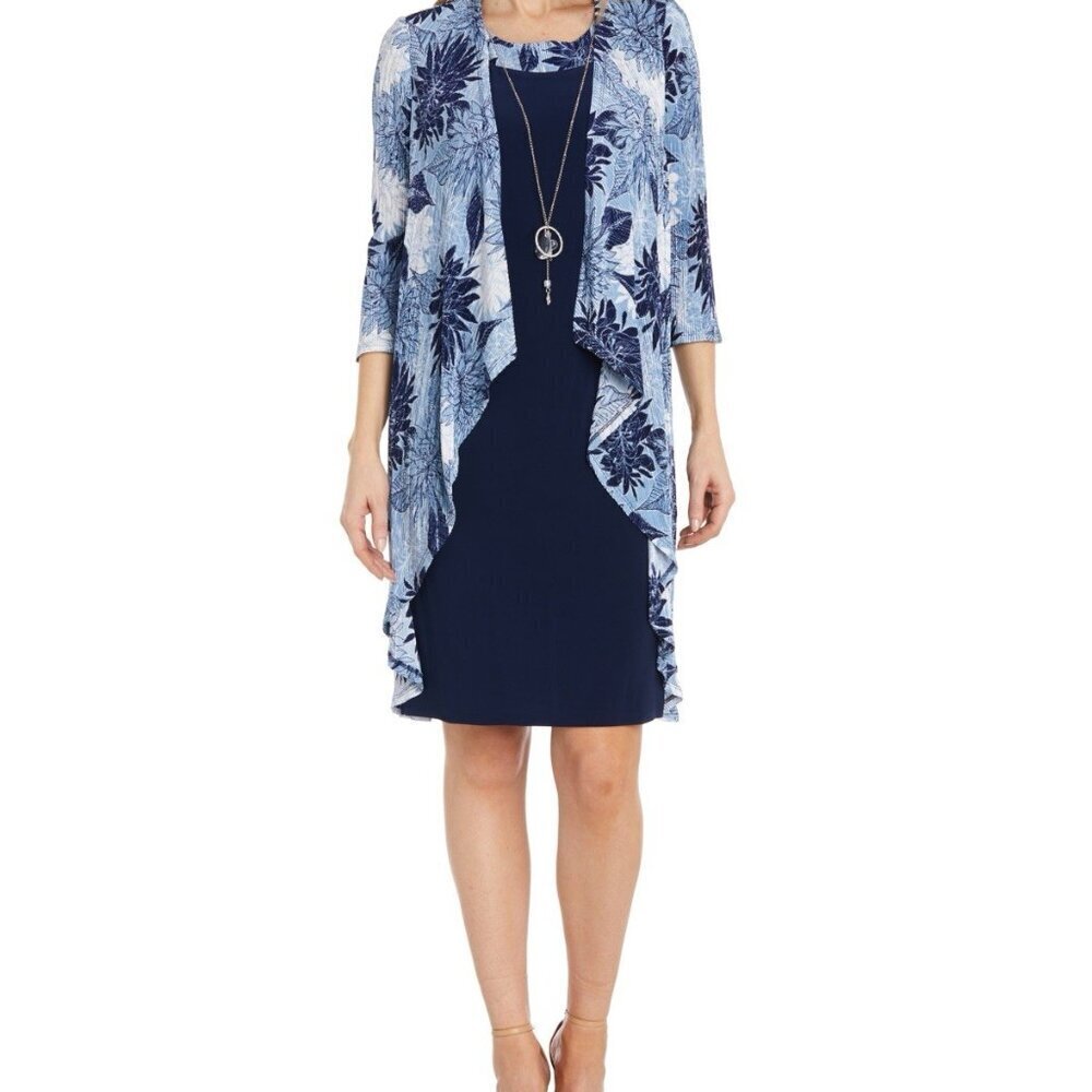 R & M Richards Womens Size 8 Blue Floral Flyaway 2-Piece Jacket Dress Necklace